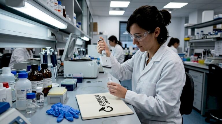 Investigadora elaborando un compuesto reconstituyente en el laboratorio