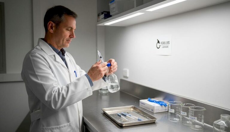 Un technicien s’affaire à la préparation d’un flacon d’eau stérile au sein du laboratoire.