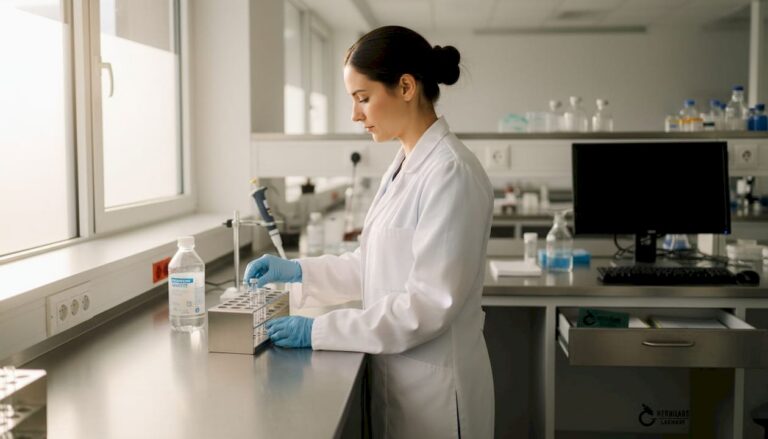 Eine Labormitarbeiterin sortiert sterile Probenröhrchen auf dem Arbeitstisch.