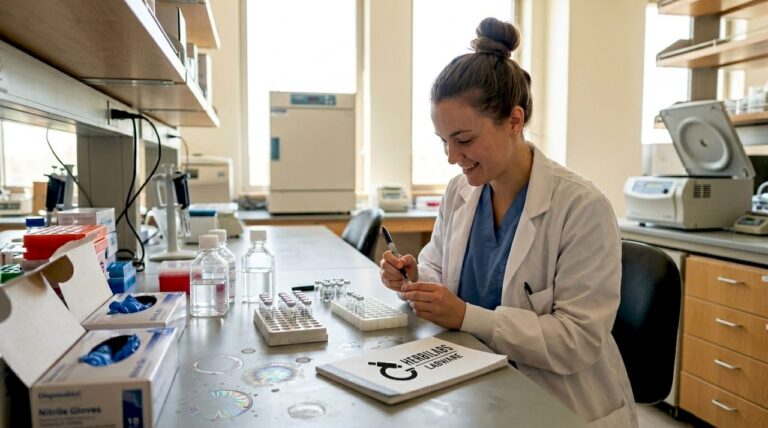 Technician labels sterile glass vials in lab