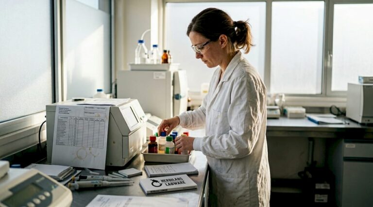 Un technicien de laboratoire manipule des réactifs au cœur d’un laboratoire d’analyses en pleine activité.