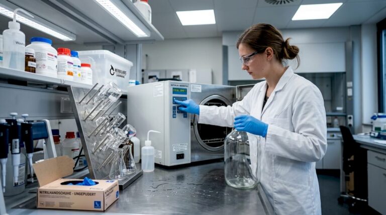 Ein Labormitarbeiter bereitet die Geräte für die Wassersterilisation vor.