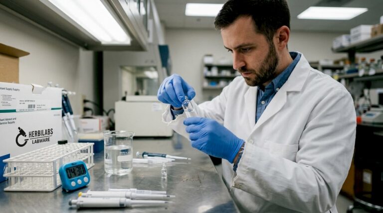 Técnico preparando una muestra en el laboratorio clínico
