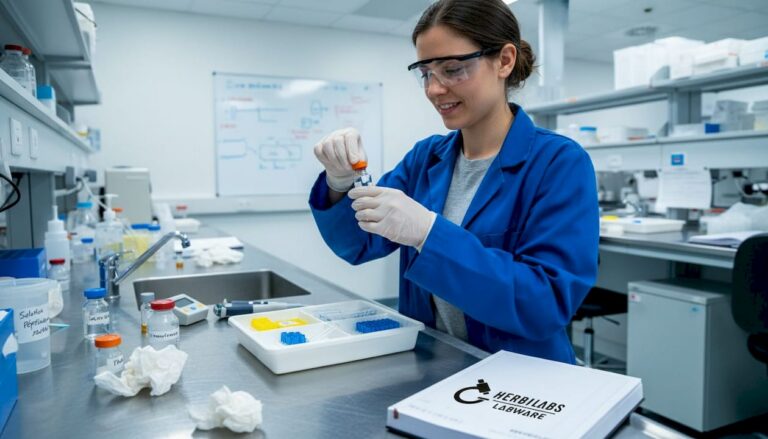 Un technicien s’affaire à la préparation d’une dilution peptidique au laboratoire.