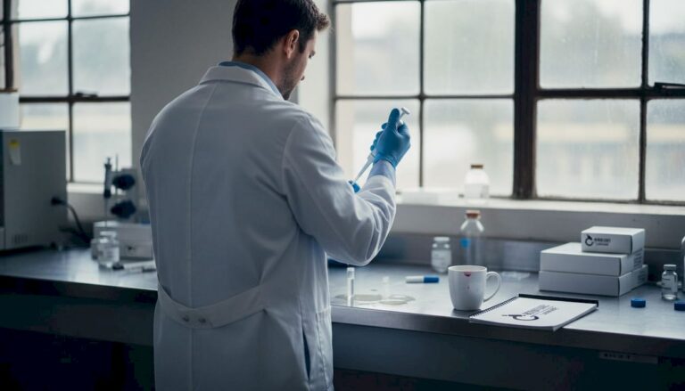 Scientist pipetting samples at a busy lab bench