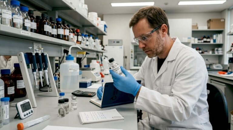 Investigador examinando un frasco con solvente estéril en el laboratorio