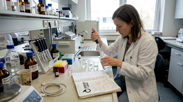 Ein Labormitarbeiter stellt Verdünnungslösungen für verschiedene Tests her.