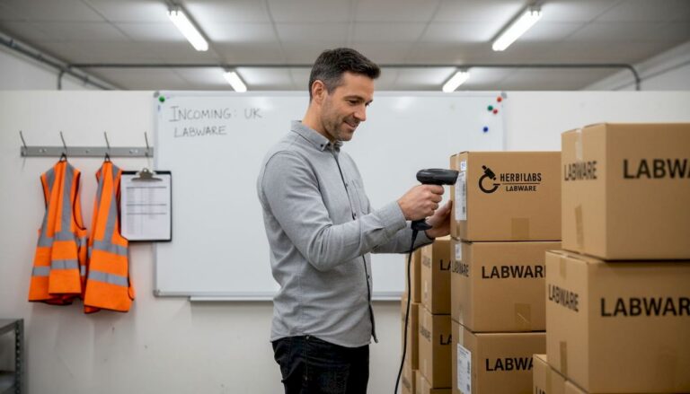 Coordinator scanning labware deliveries in warehouse