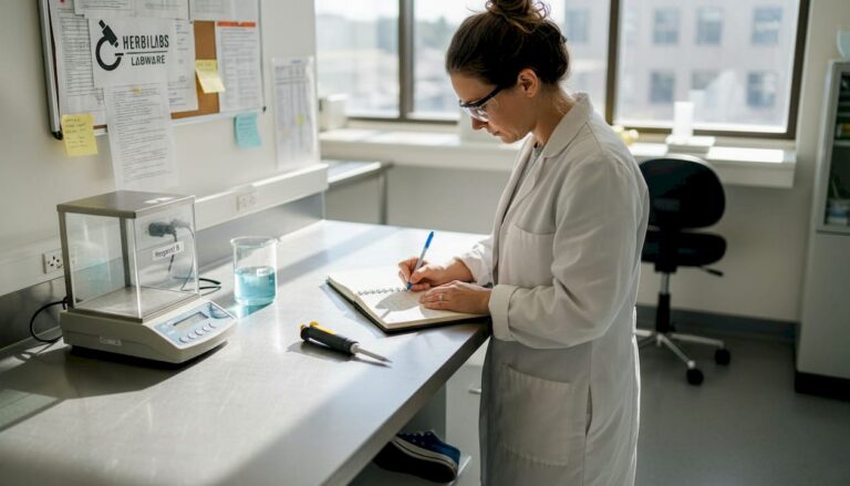 Scientist updating compliance logbook in lab