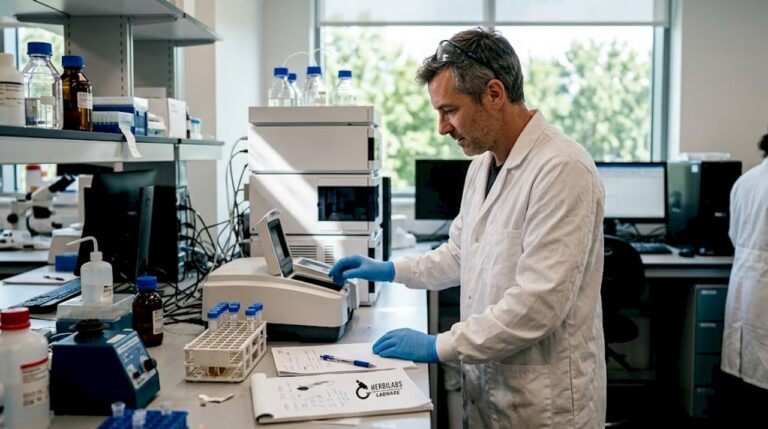 Especialista realizando la revisión de equipos en un laboratorio de química