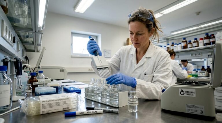 Eine Wissenschaftlerin arbeitet im Labor und füllt eine sterile Lösung mit einer Pipette ab.