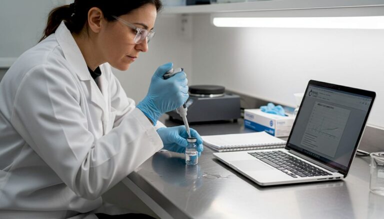 Científica realizando pruebas de calidad del agua en un laboratorio especializado.