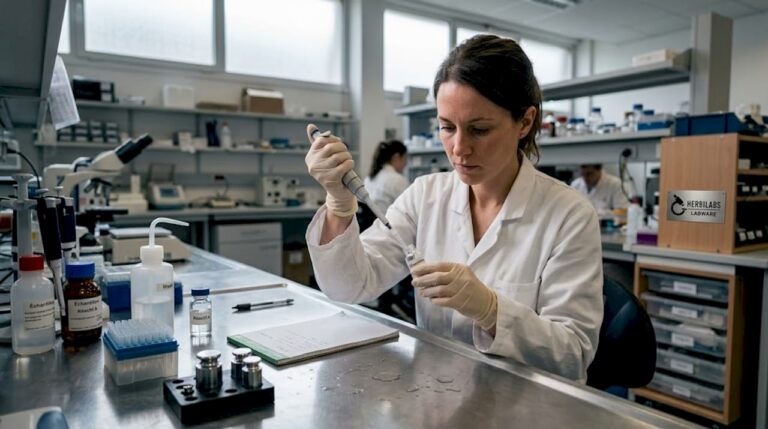 Un technicien s’occupe de la préparation d’une solution diluante en laboratoire.