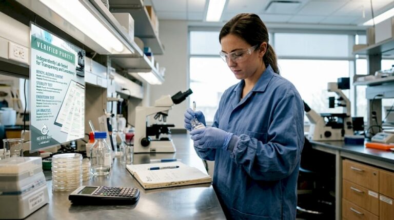 Lab technician labeling reagent in research workspace