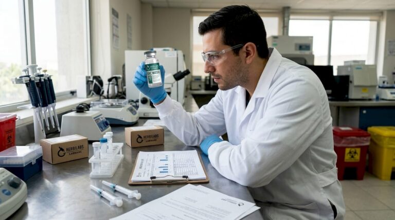 Especialista analizando muestras de BAC Water en el laboratorio