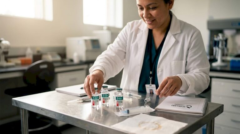 Un technicien organise son espace de travail au laboratoire de peptides.