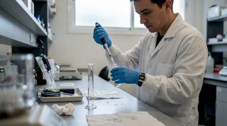 Un técnico prepara una muestra de agua en un vial de laboratorio de vidrio.