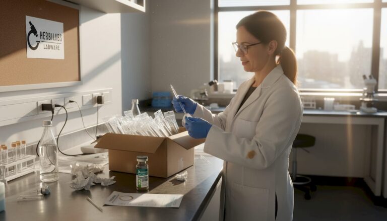 Scientist examining new labware shipment