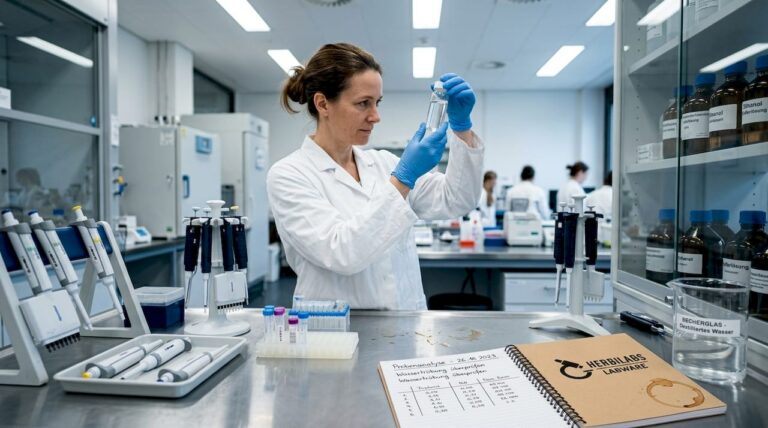 Eine Wissenschaftlerin untersucht im Labor eine Wasserprobe.