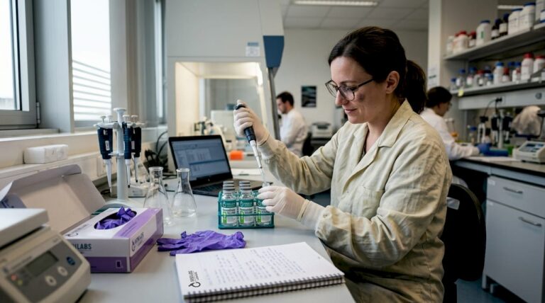 Scientifique en plein travail au laboratoire, manipulant des solutions stériles avec précision.