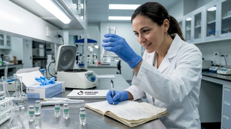 Técnica lleva a cabo un análisis de una solución transparente en el laboratorio