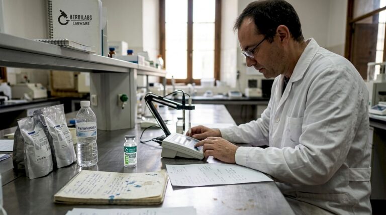 Un científico realiza ajustes en un equipo de laboratorio mientras manipula agua.