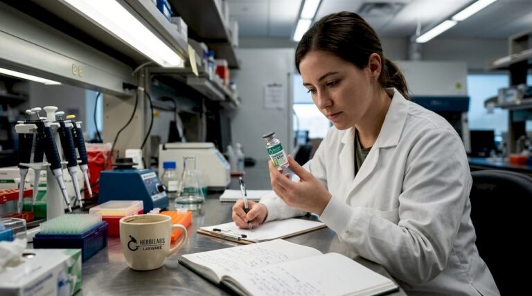 Lab technician working with bac water vial