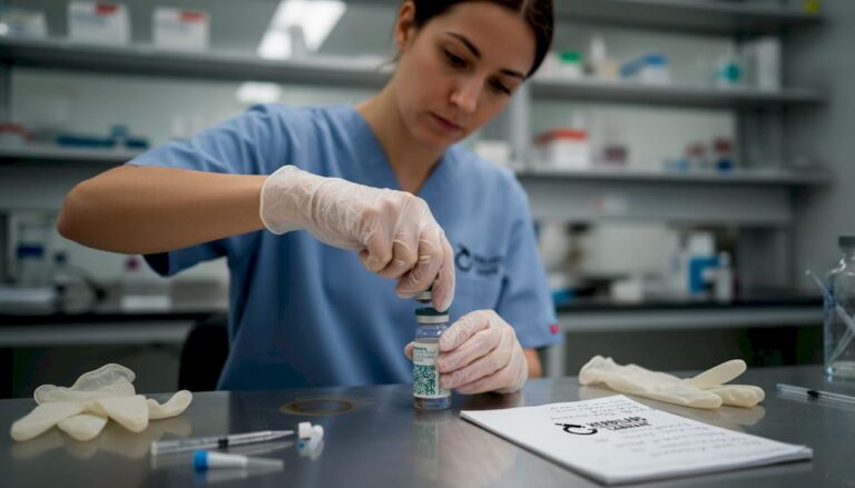 Technician opening bacteriostatic water vial in lab