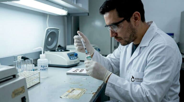 Un especialista prepara una solución inyectable en el laboratorio.