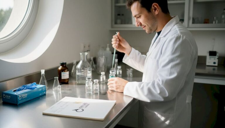 Technicien spécialisé dans la synthèse de peptides au sein d’un laboratoire
