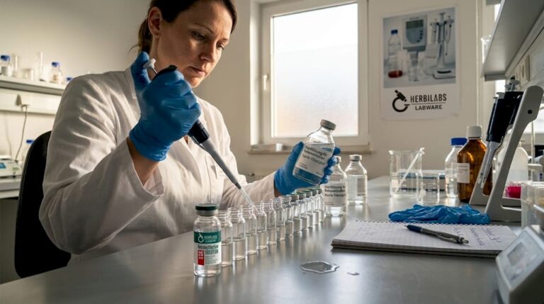 Eine Laborfachkraft stellt am Arbeitstisch unter sterilen Bedingungen Lösungen her.