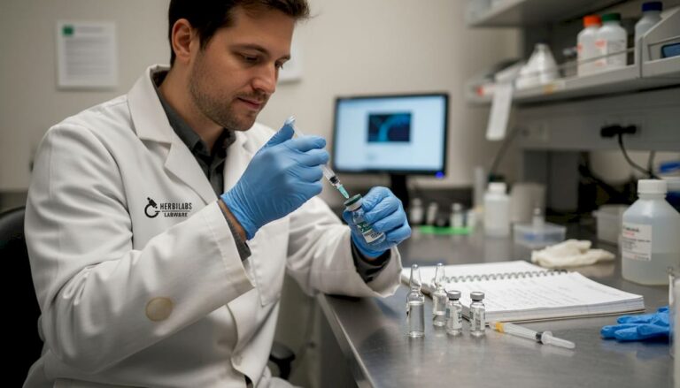 Technician reconstituting peptides with sterile water