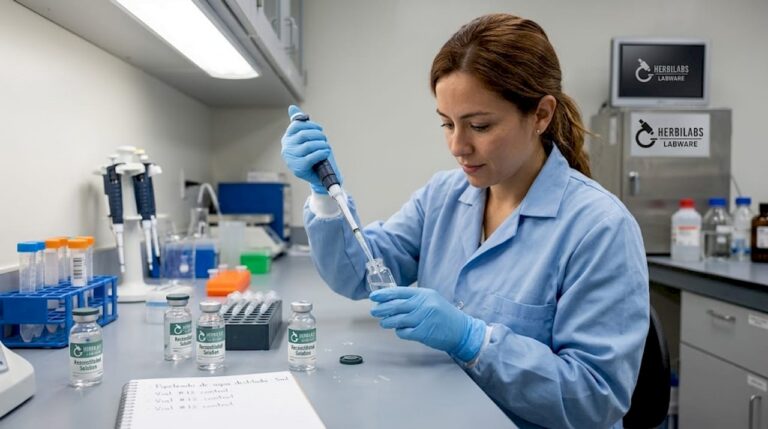 Técnico preparando agua para reconstitución en el laboratorio