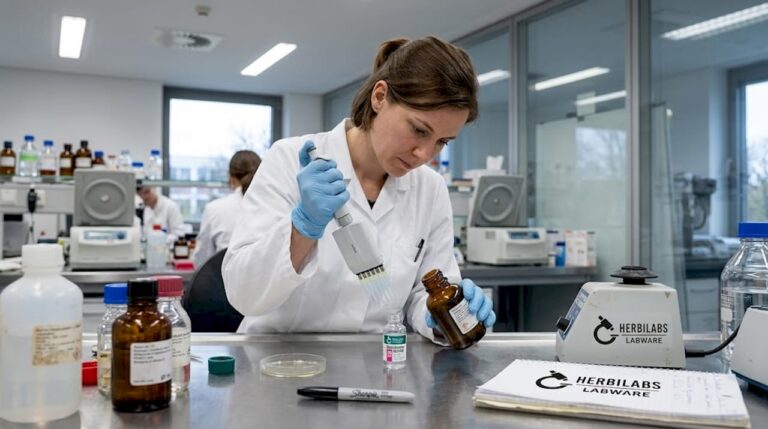 Eine Labormitarbeiterin stellt eine Peptidlösung her.