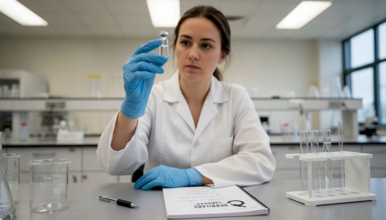 Technician checks vial clarity in laboratory