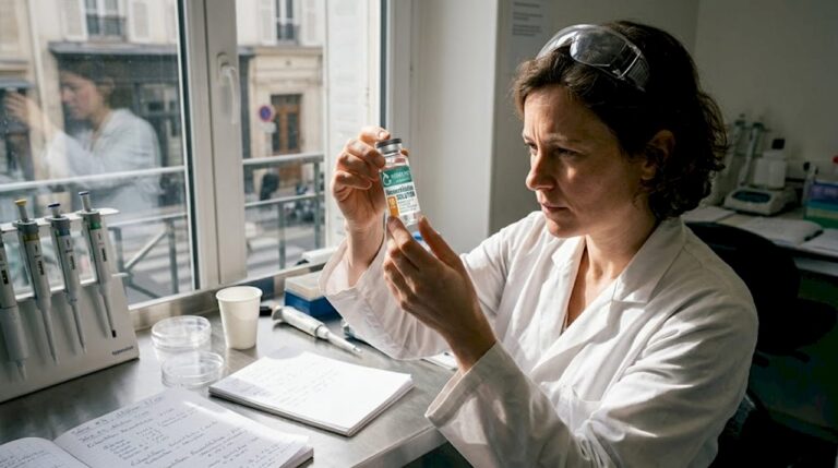 Une chercheuse examine attentivement un flacon stérile dans son laboratoire.