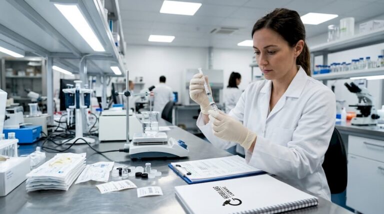 Un técnico prepara una muestra de péptido añadiendo un diluyente en el laboratorio.