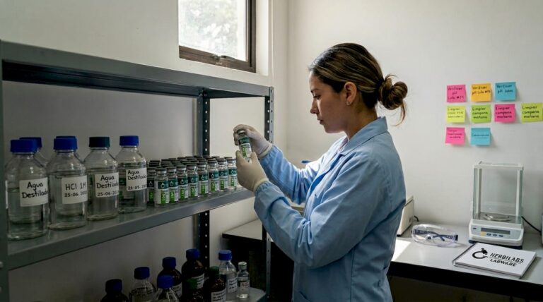 Una técnica revisa cuidadosamente los reactivos que están debidamente etiquetados en un laboratorio bien organizado.