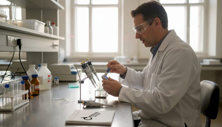El técnico se encarga de ordenar y preparar las herramientas del laboratorio para asegurar que todo esté listo y en su sitio.