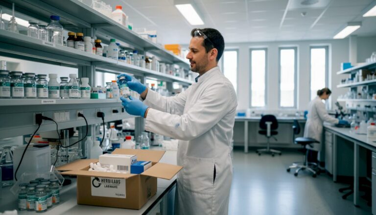 Ein Wissenschaftler sorgt für die fachgerechte Aufbewahrung von Laborreagenzien.