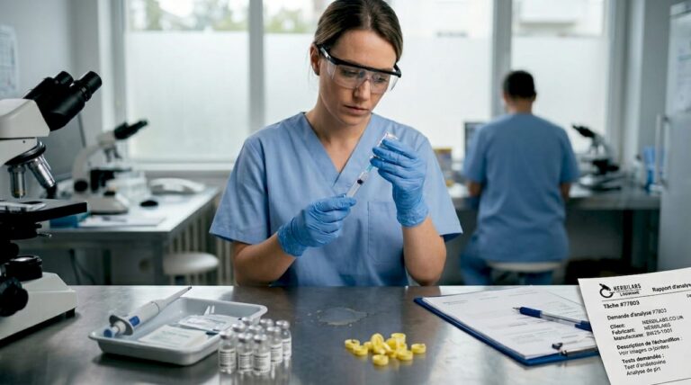 Un technicien de laboratoire s’affaire à la préparation d’une solution injectable dans le service de pharmacie hospitalière.