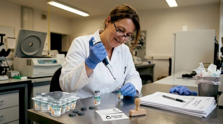 Eine Laborantin arbeitet mit einer Pipette an einem vollgestellten Labortisch.