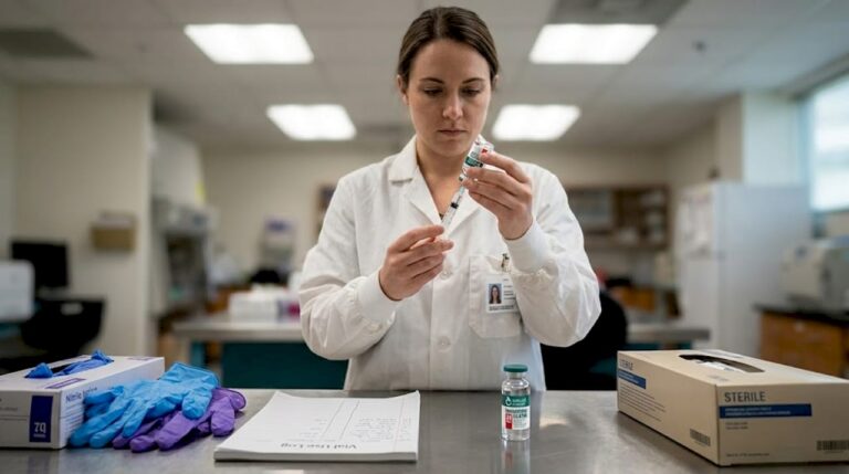 Lab technician drawing BAC water from vial