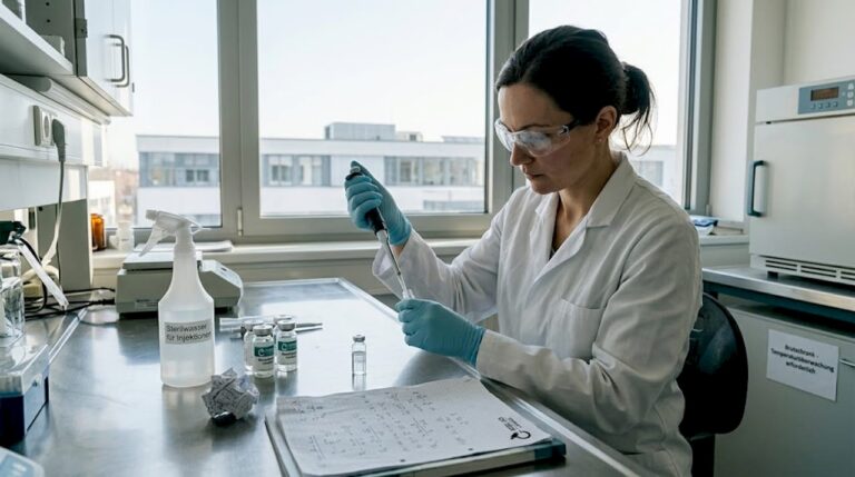 Eine Laborantin stellt im Labor eine Peptidlösung wieder her.