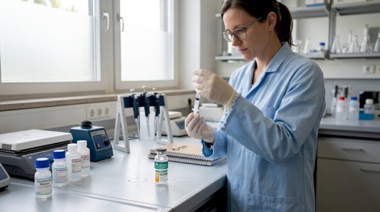 Eine Wissenschaftlerin entnimmt im Labor vorsichtig eine Flüssigkeit aus einem kleinen Gefäß.