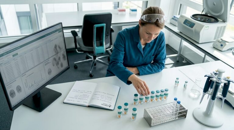 Eine Forscherin analysiert Laborergebnisse am Computerbildschirm.