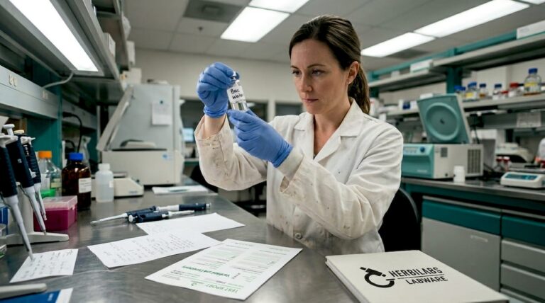 Scientist reviewing vial of bac water in lab