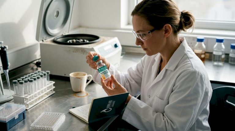Une scientifique procède à l’inspection d’un flacon dans un laboratoire sécurisé.
