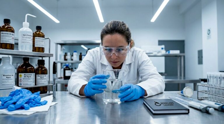 Profesional trabajando con muestras de agua en un laboratorio científico