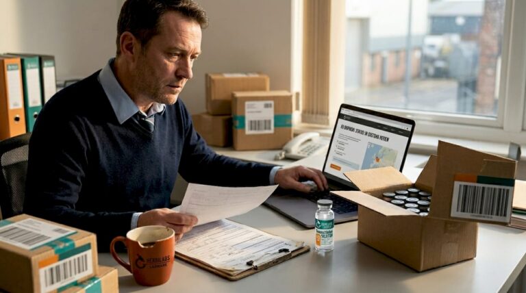 Manager reviewing EU shipping documents